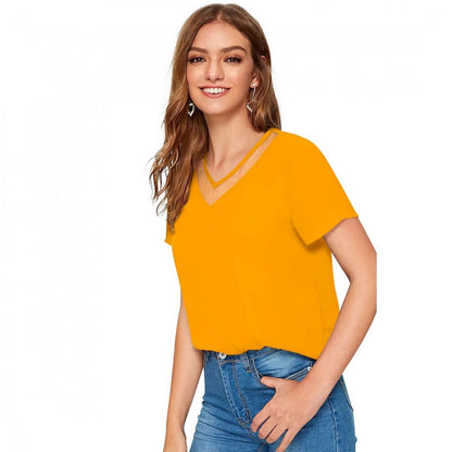 Women's Polyester, Knitting Western Wear T-Shirt (Yellow)