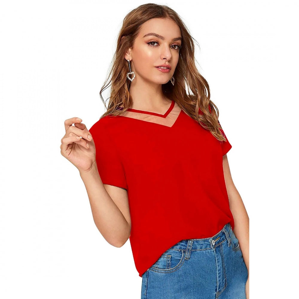 Women's Polyester, Knitting Western Wear T-Shirt (Red)