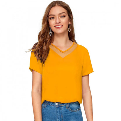 Women's Polyester, Knitting Western Wear T-Shirt (Yellow)