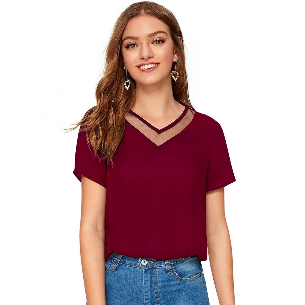 Women's Polyester, Knitting Western Wear T-Shirt (Maroon)