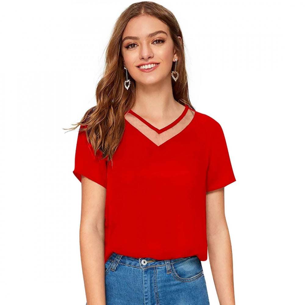 Women's Polyester, Knitting Western Wear T-Shirt (Red)