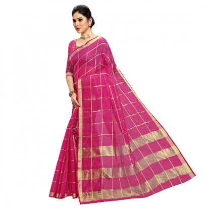 Women's Kota Doria Cotton Checked Saree With Blouse (Rani, 5-6 Mtrs)