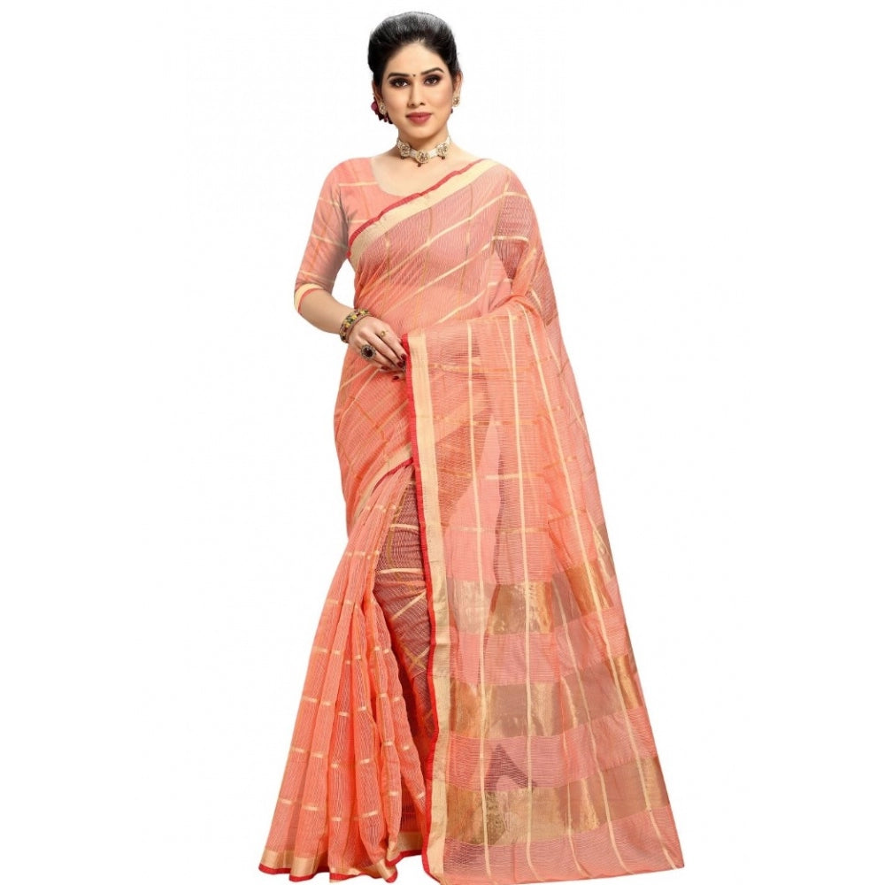 Women's Kota Doria Cotton Checked Saree With Blouse (Peach, 5-6 Mtrs)