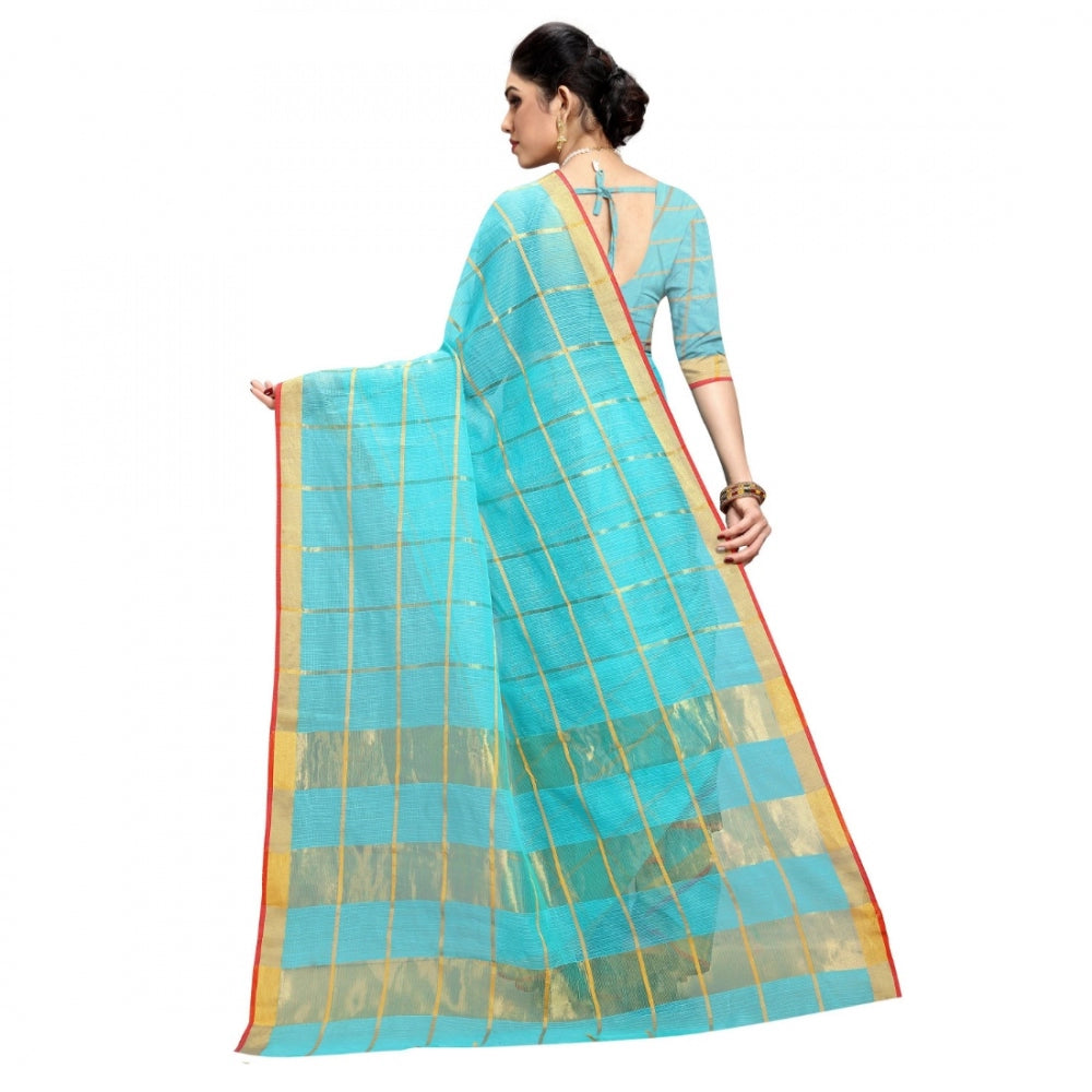 Women's Kota Doria Cotton Checked Saree With Blouse (Sky Blue, 5-6 Mtrs)