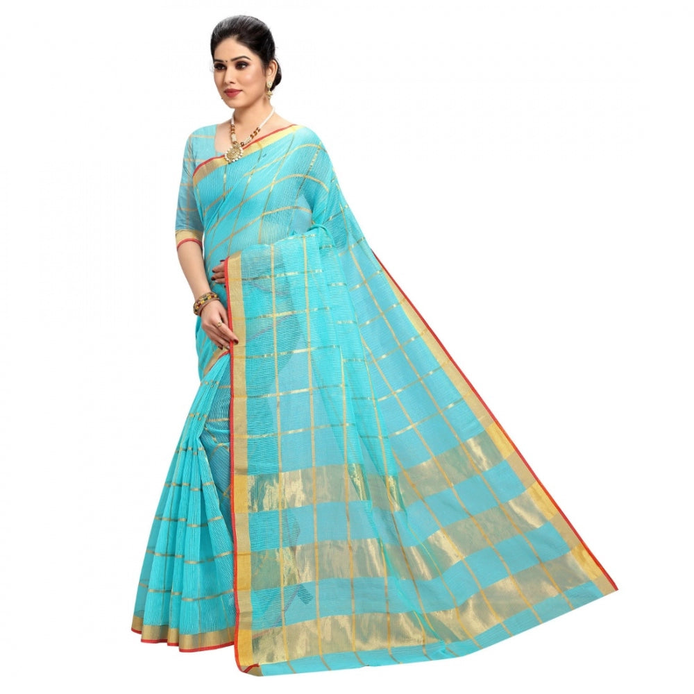 Women's Kota Doria Cotton Checked Saree With Blouse (Sky Blue, 5-6 Mtrs)