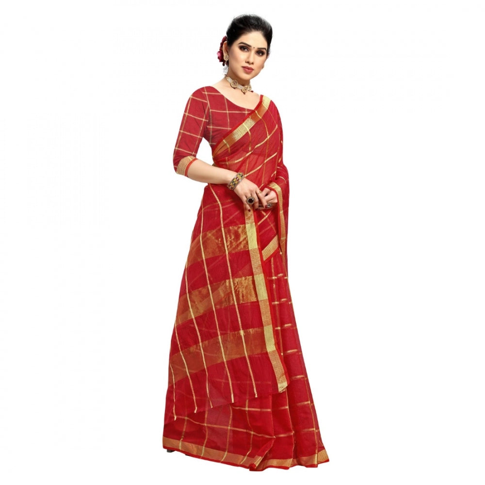 Women's Kota Doria Cotton Checked Saree With Blouse (Red, 5-6 Mtrs)