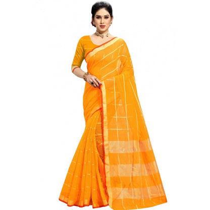 Women's Kota Doria Cotton Checked Saree With Blouse (Yellow, 5-6 Mtrs)