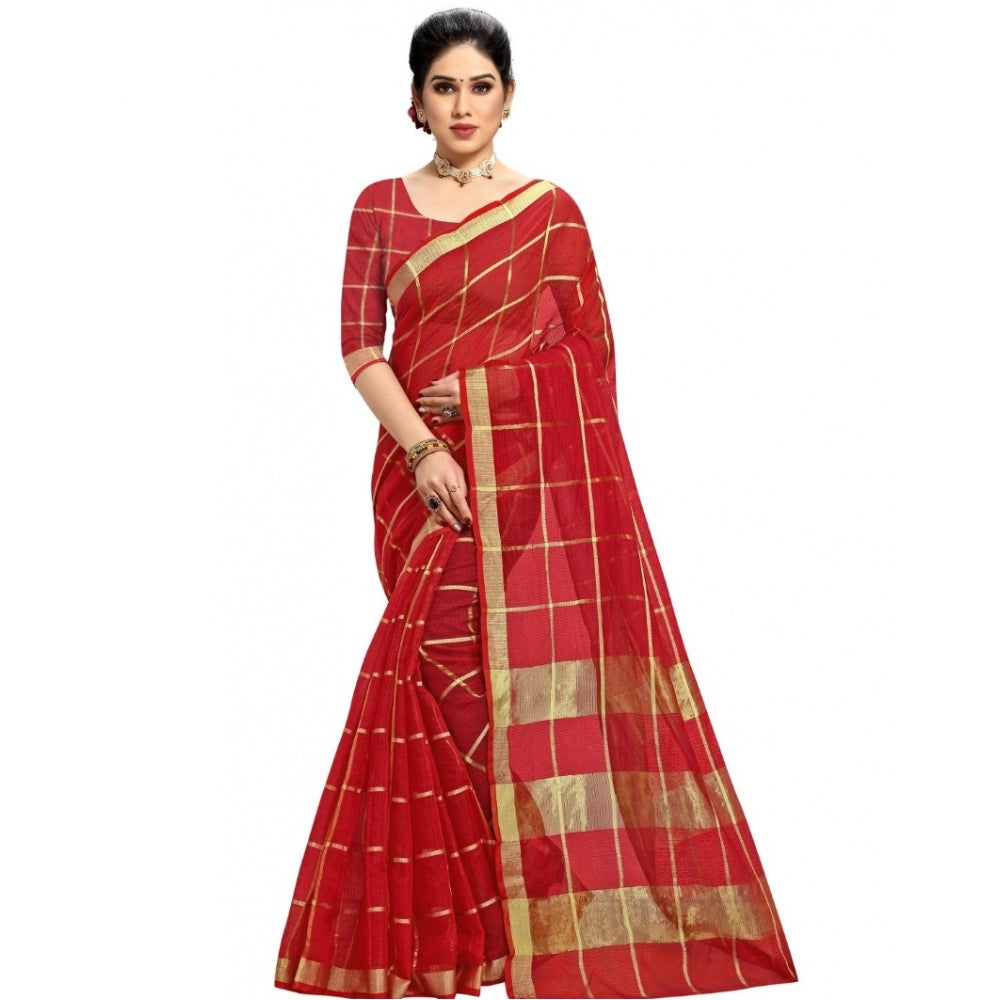 Women's Kota Doria Cotton Checked Saree With Blouse (Red, 5-6 Mtrs)