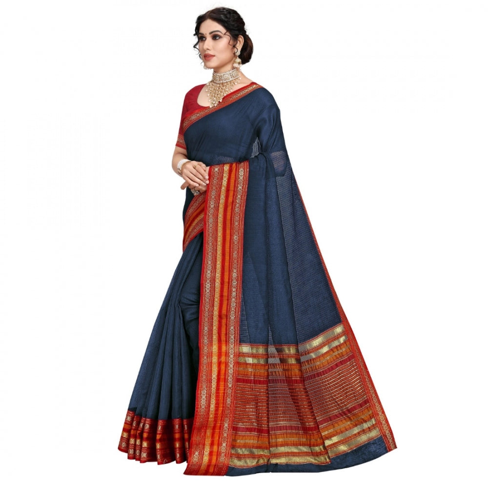 Women's Kota Doria Cotton Bordered Saree With Blouse (Navy Blue, 5-6 Mtrs)