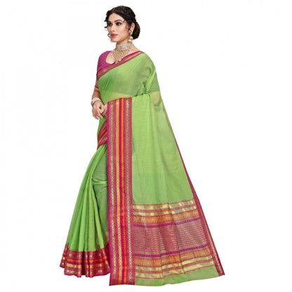 Women's Kota Doria Cotton Bordered Saree With Blouse (Light Green, 5-6 Mtrs)