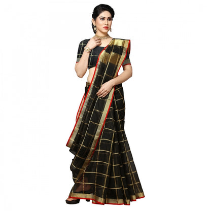 Women's Kota Doria Cotton Checked Saree With Blouse (Black, 5-6 Mtrs)