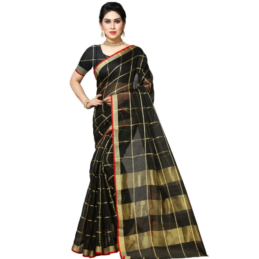 Women's Kota Doria Cotton Checked Saree With Blouse (Black, 5-6 Mtrs)