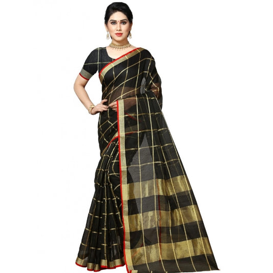 Women's Kota Doria Cotton Checked Saree With Blouse (Black, 5-6 Mtrs)