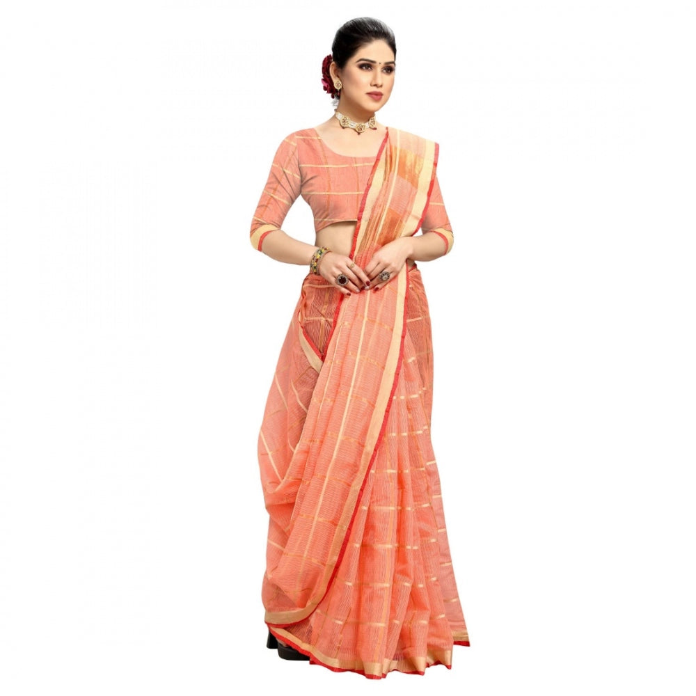 Women's Kota Doria Cotton Checked Saree With Blouse (Peach, 5-6 Mtrs)