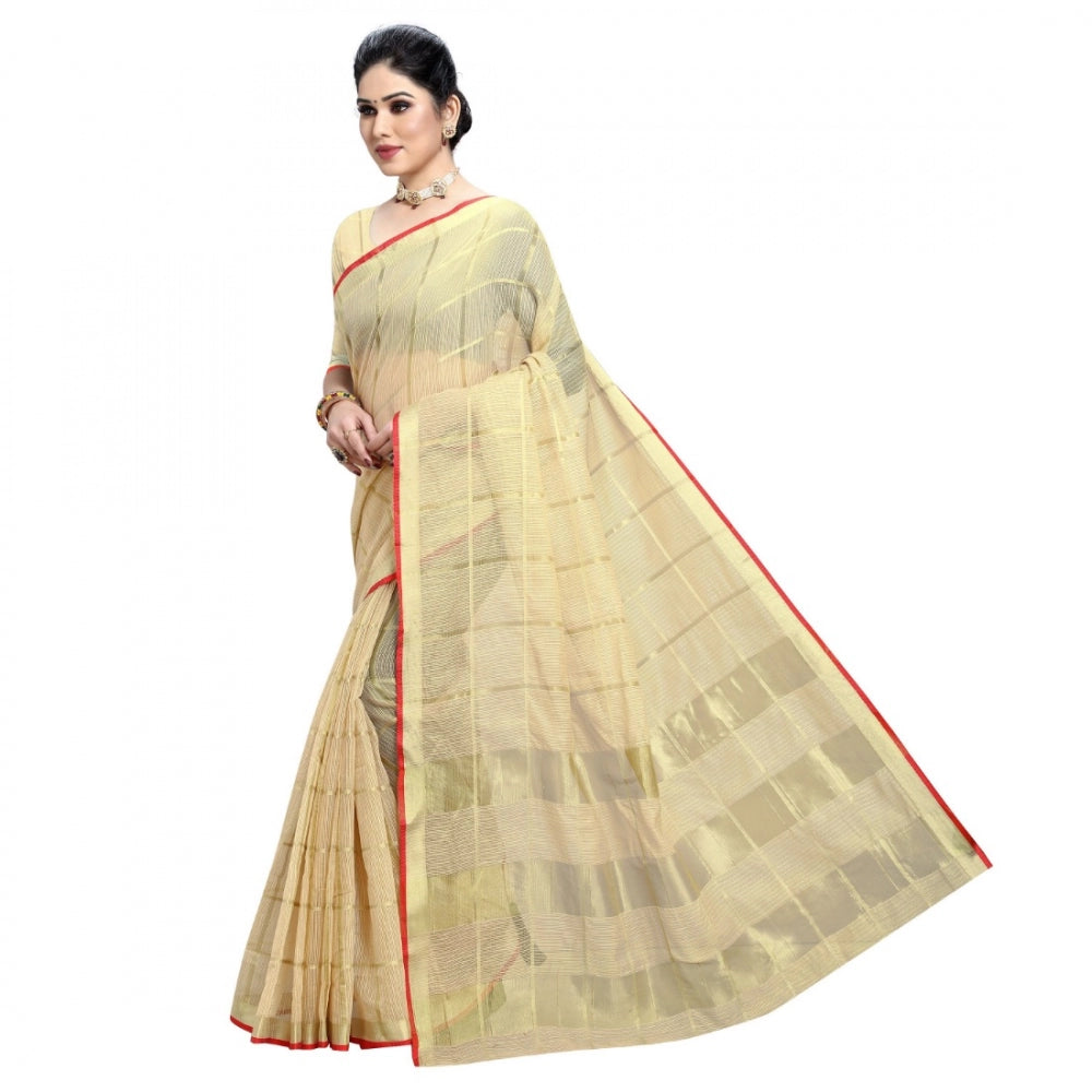 Women's Kota Doria Cotton Checked Saree With Blouse (Beige, 5-6 Mtrs)