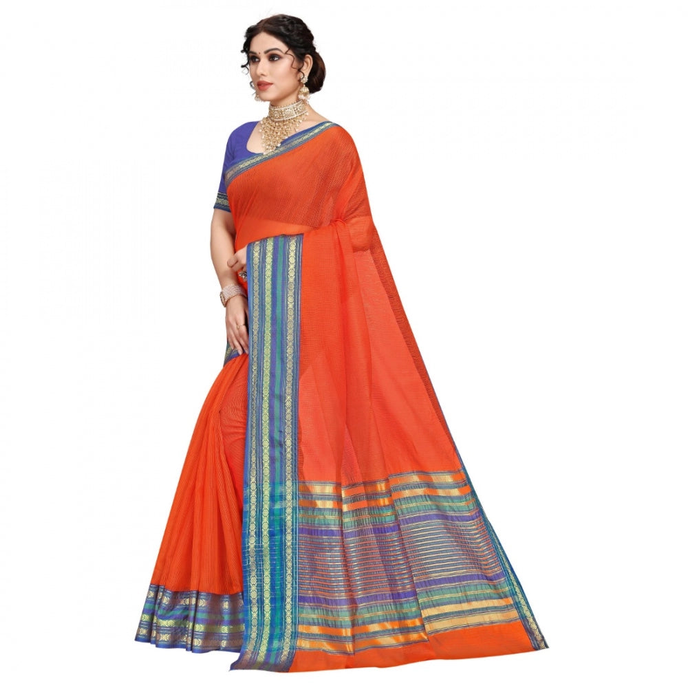 Women's Kota Doria Cotton Bordered Saree With Blouse (Fanta, 5-6 Mtrs)