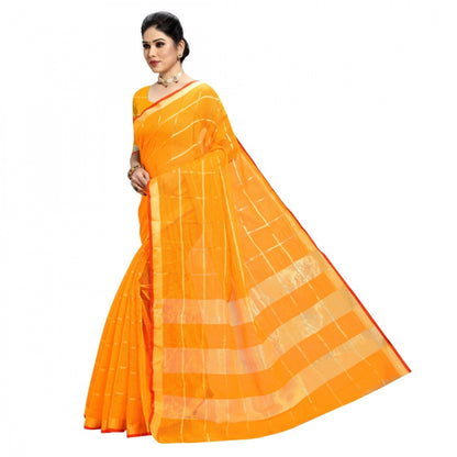 Women's Kota Doria Cotton Checked Saree With Blouse (Yellow, 5-6 Mtrs)