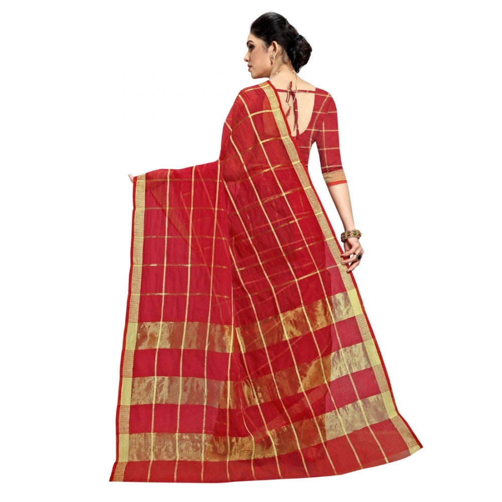 Women's Kota Doria Cotton Checked Saree With Blouse (Red, 5-6 Mtrs)