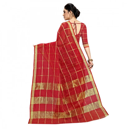 Women's Kota Doria Cotton Checked Saree With Blouse (Red, 5-6 Mtrs)