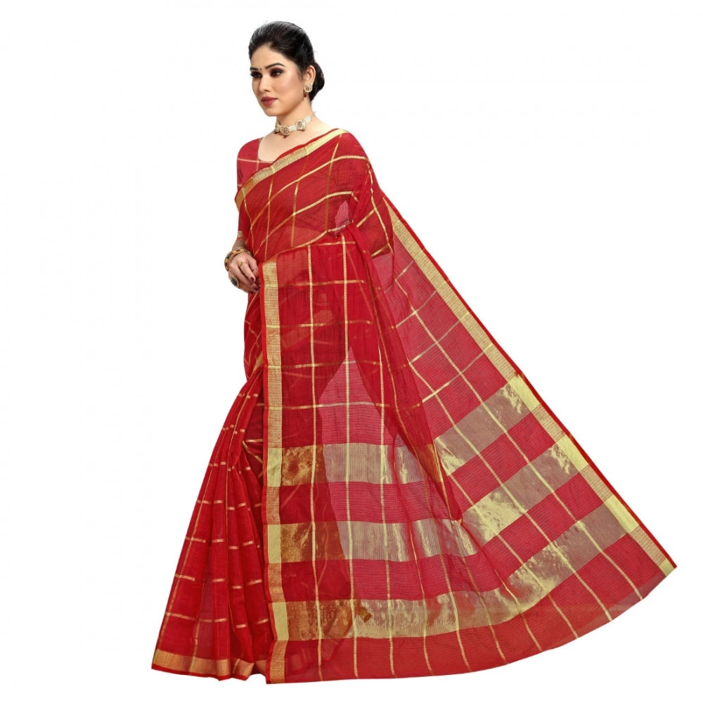 Women's Kota Doria Cotton Checked Saree With Blouse (Red, 5-6 Mtrs)