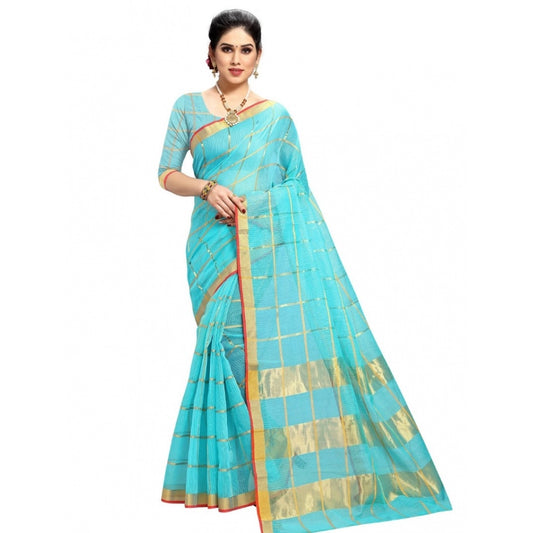 Women's Kota Doria Cotton Checked Saree With Blouse (Sky Blue, 5-6 Mtrs)