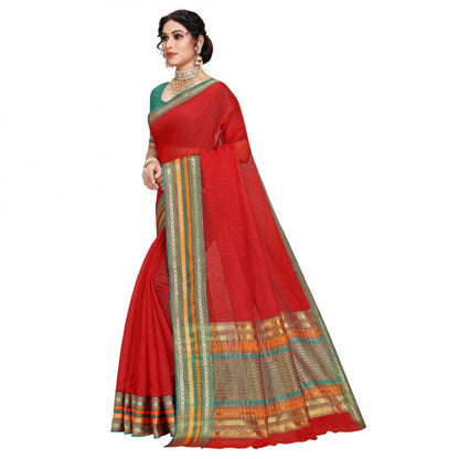 Women's Kota Doria Cotton Bordered Saree With Blouse (Red, 5-6 Mtrs)