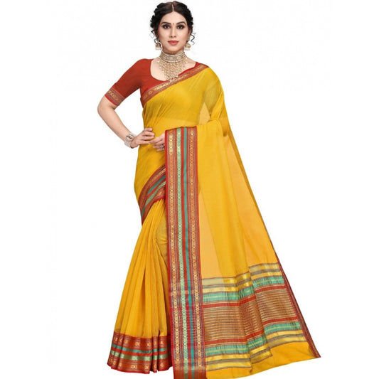 Women's Kota Doria Cotton Bordered Saree With Blouse (Yellow, 5-6 Mtrs)