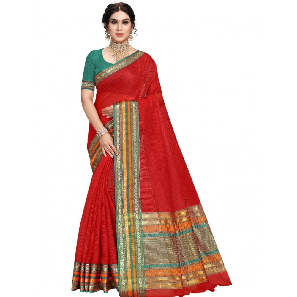 Women's Kota Doria Cotton Bordered Saree With Blouse (Red, 5-6 Mtrs)