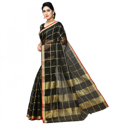 Women's Kota Doria Cotton Checked Saree With Blouse (Black, 5-6 Mtrs)