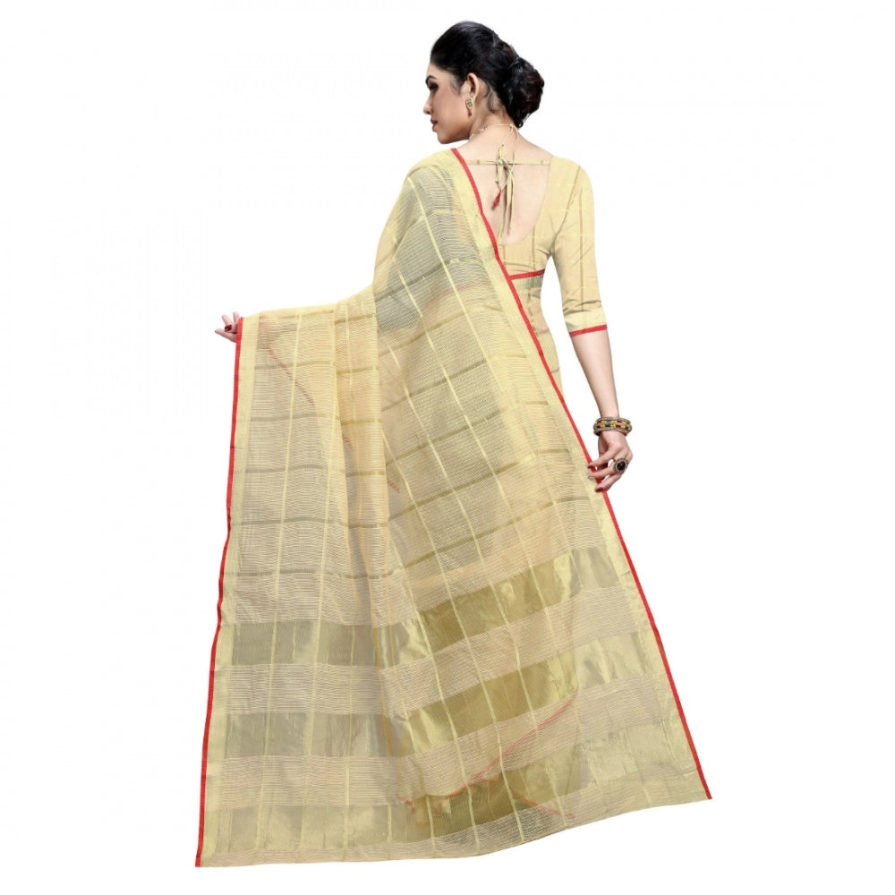 Women's Kota Doria Cotton Checked Saree With Blouse (Beige, 5-6 Mtrs)