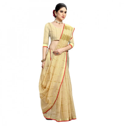 Women's Kota Doria Cotton Checked Saree With Blouse (Beige, 5-6 Mtrs)