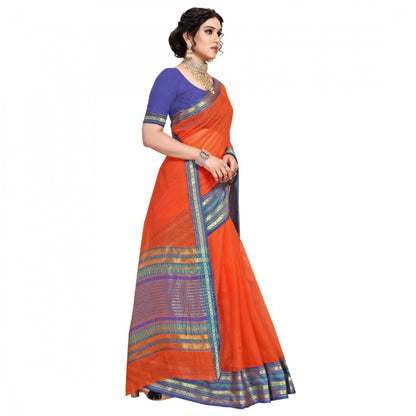 Women's Kota Doria Cotton Bordered Saree With Blouse (Fanta, 5-6 Mtrs)