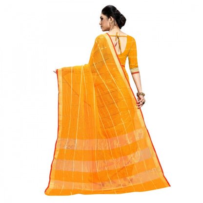 Women's Kota Doria Cotton Checked Saree With Blouse (Yellow, 5-6 Mtrs)