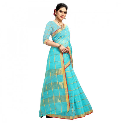 Women's Kota Doria Cotton Checked Saree With Blouse (Sky Blue, 5-6 Mtrs)