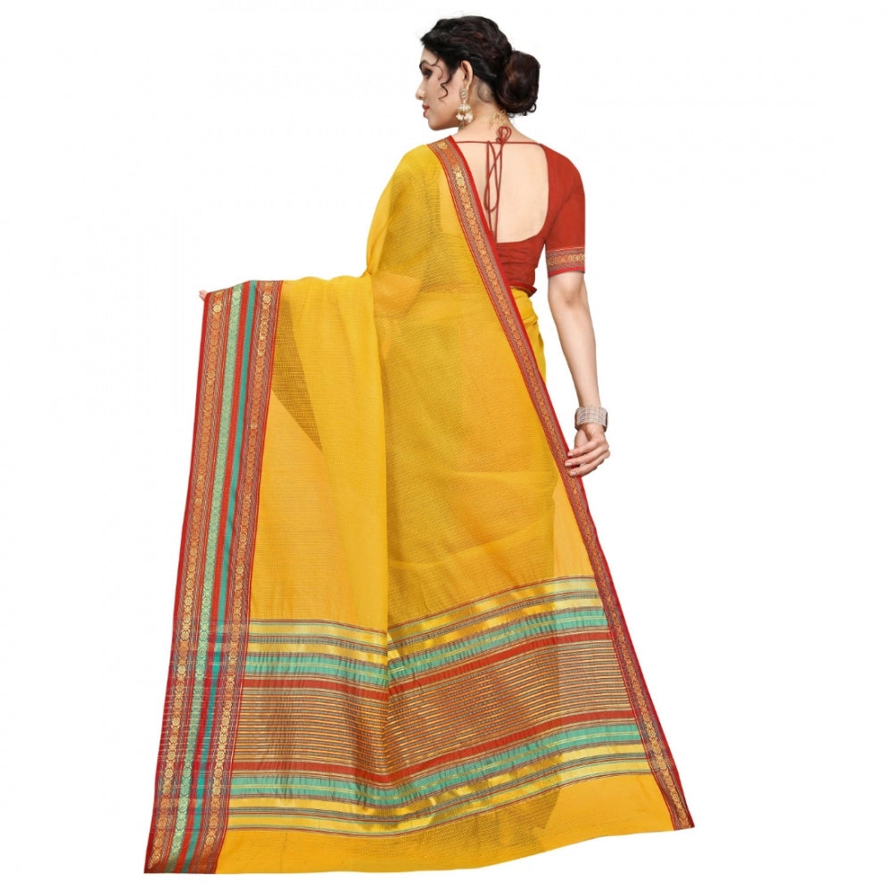 Women's Kota Doria Cotton Bordered Saree With Blouse (Yellow, 5-6 Mtrs)