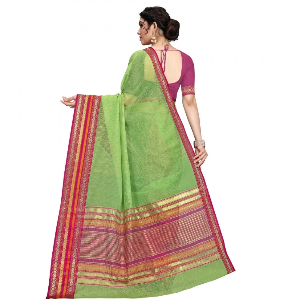 Women's Kota Doria Cotton Bordered Saree With Blouse (Light Green, 5-6 Mtrs)