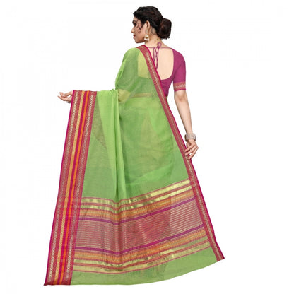 Women's Kota Doria Cotton Bordered Saree With Blouse (Light Green, 5-6 Mtrs)