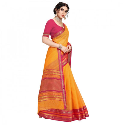 Women's Kota Doria Cotton Bordered Saree With Blouse (Gold, 5-6 Mtrs)