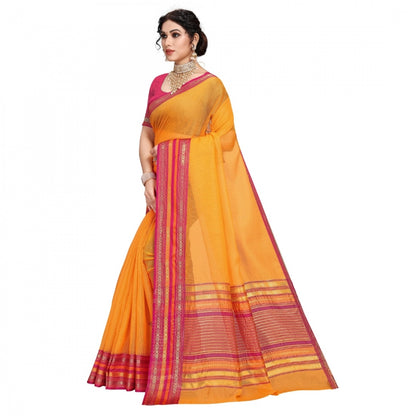 Women's Kota Doria Cotton Bordered Saree With Blouse (Gold, 5-6 Mtrs)