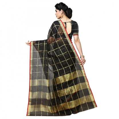 Women's Kota Doria Cotton Checked Saree With Blouse (Black, 5-6 Mtrs)