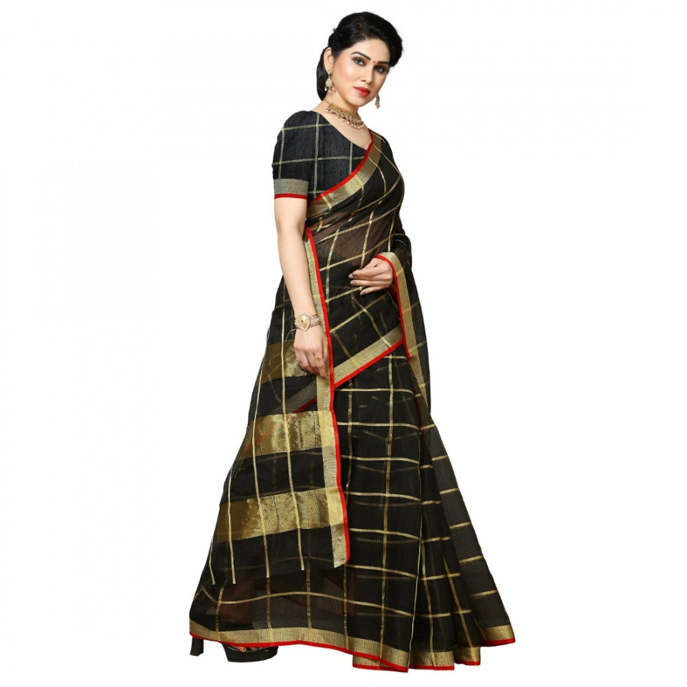 Women's Kota Doria Cotton Checked Saree With Blouse (Black, 5-6 Mtrs)