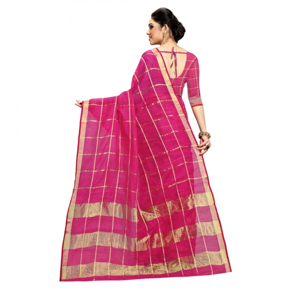 Women's Kota Doria Cotton Checked Saree With Blouse (Rani, 5-6 Mtrs)