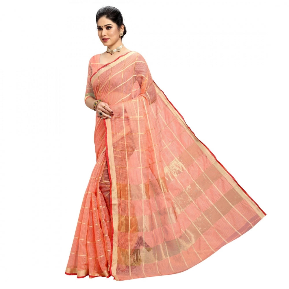 Women's Kota Doria Cotton Checked Saree With Blouse (Peach, 5-6 Mtrs)