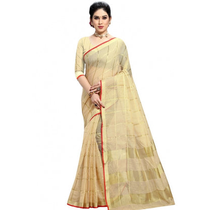 Women's Kota Doria Cotton Checked Saree With Blouse (Beige, 5-6 Mtrs)