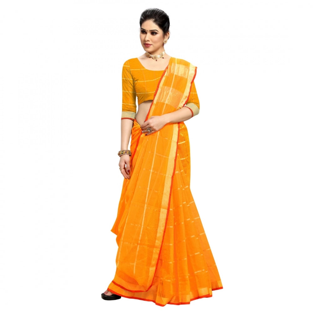 Women's Kota Doria Cotton Checked Saree With Blouse (Yellow, 5-6 Mtrs)