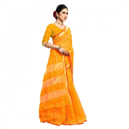 Women's Kota Doria Cotton Checked Saree With Blouse (Yellow, 5-6 Mtrs)