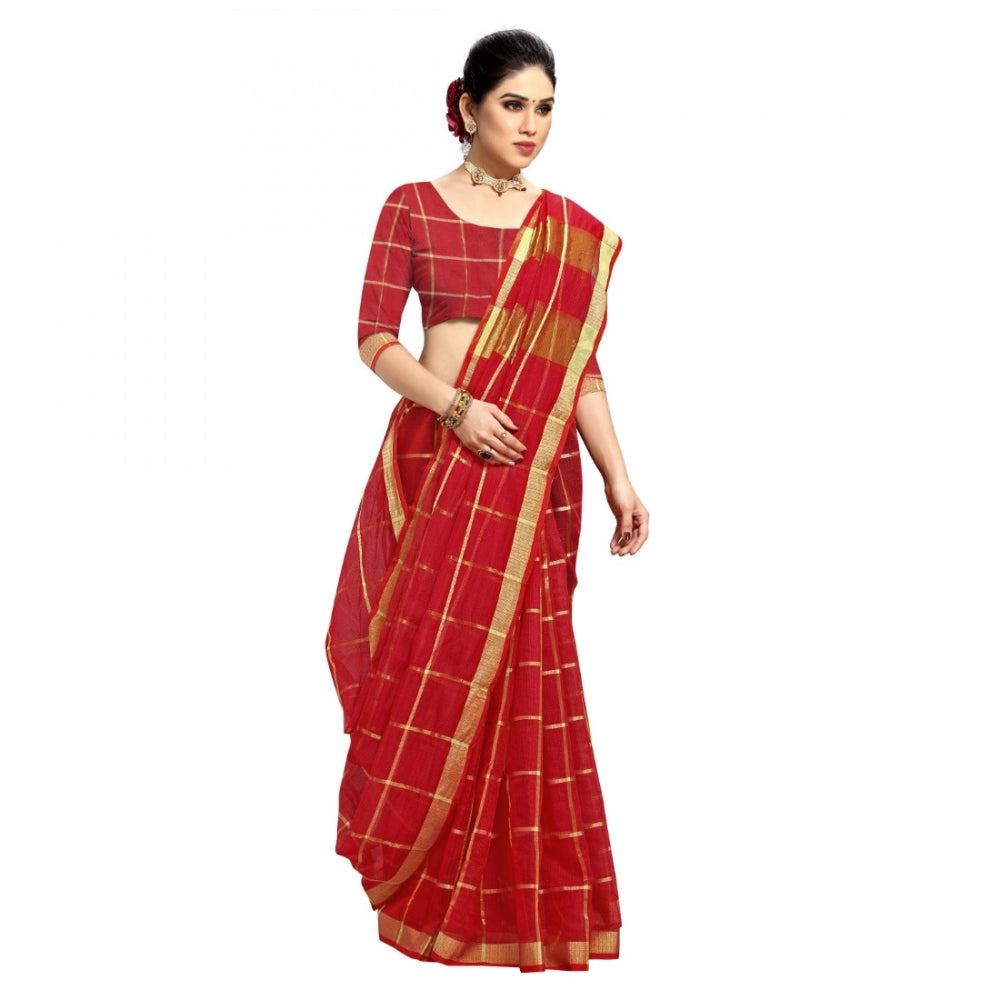 Women's Kota Doria Cotton Checked Saree With Blouse (Red, 5-6 Mtrs)