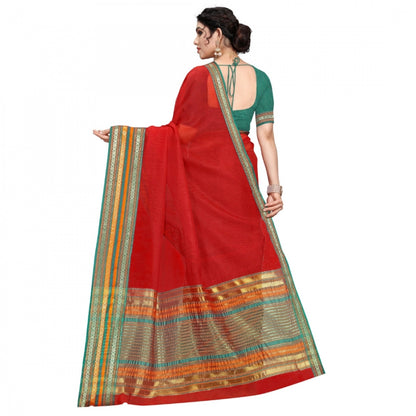 Women's Kota Doria Cotton Bordered Saree With Blouse (Red, 5-6 Mtrs)