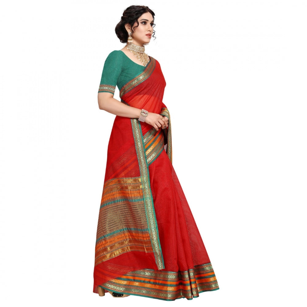 Women's Kota Doria Cotton Bordered Saree With Blouse (Red, 5-6 Mtrs)