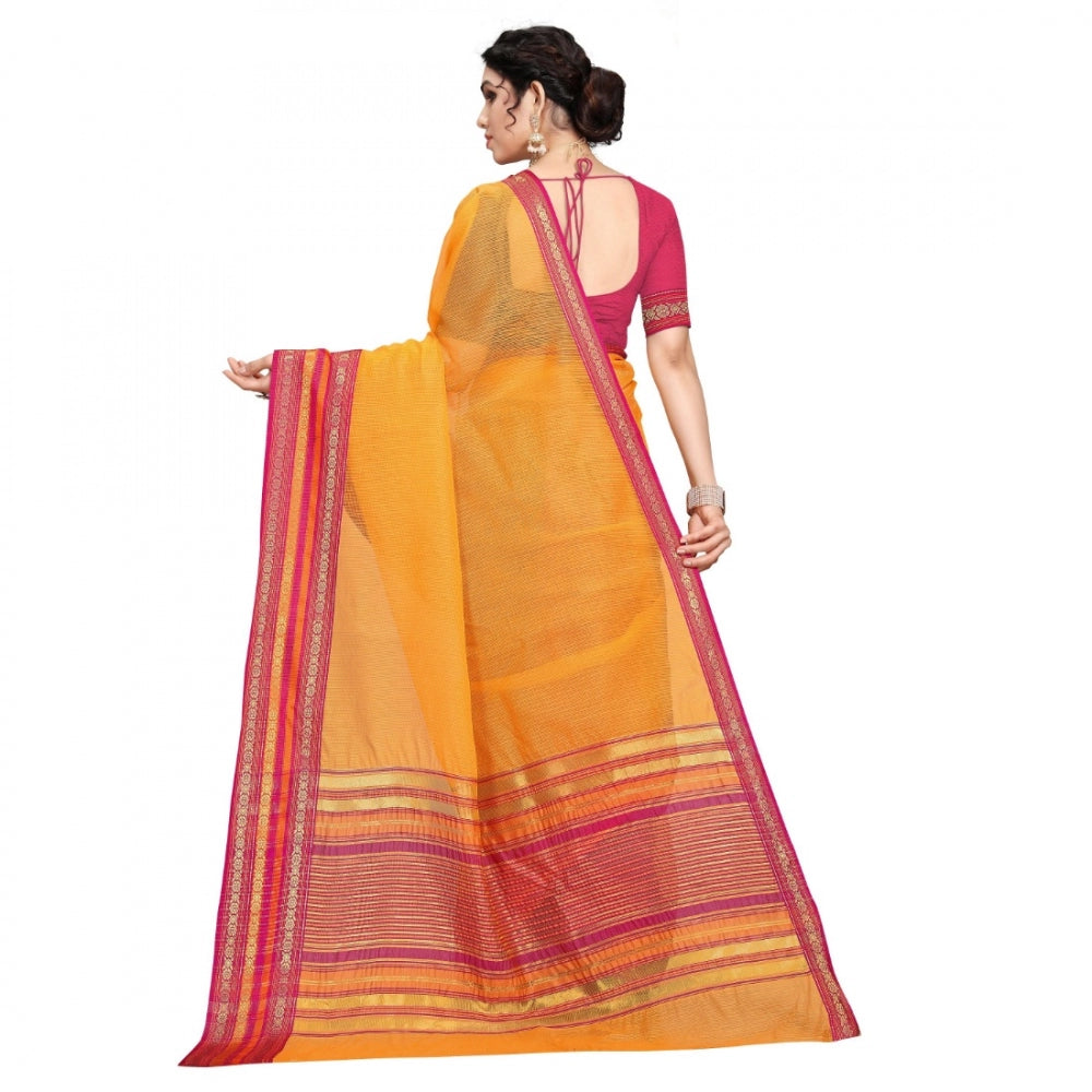 Women's Kota Doria Cotton Bordered Saree With Blouse (Gold, 5-6 Mtrs)